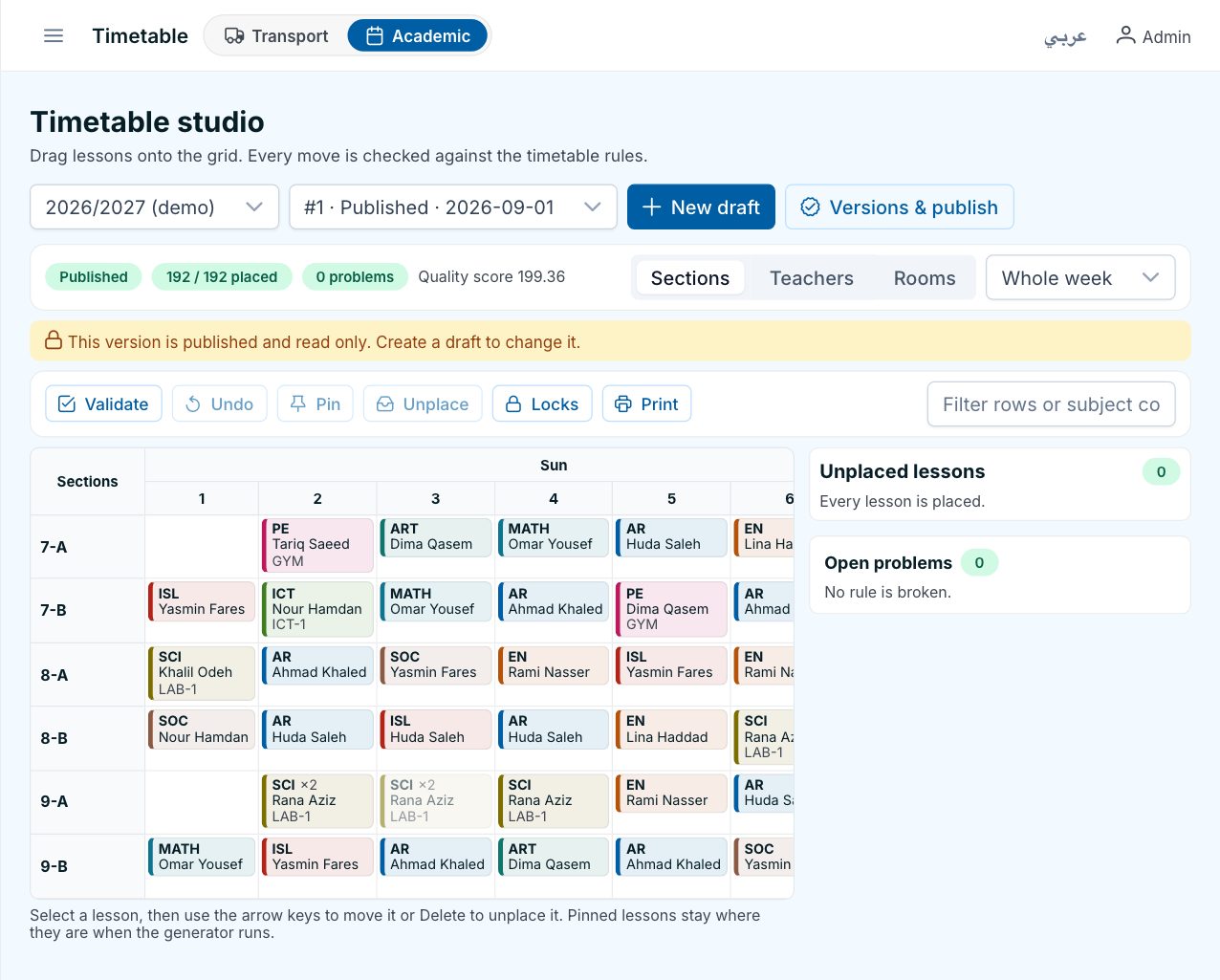 The Schooliy timetable studio: a published week with 192 of 192 lessons placed and no open problems